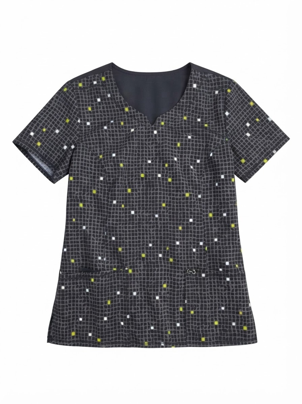 Women's Patterned V-Neck Tunic Top in Charcoal with Lime Accents size small